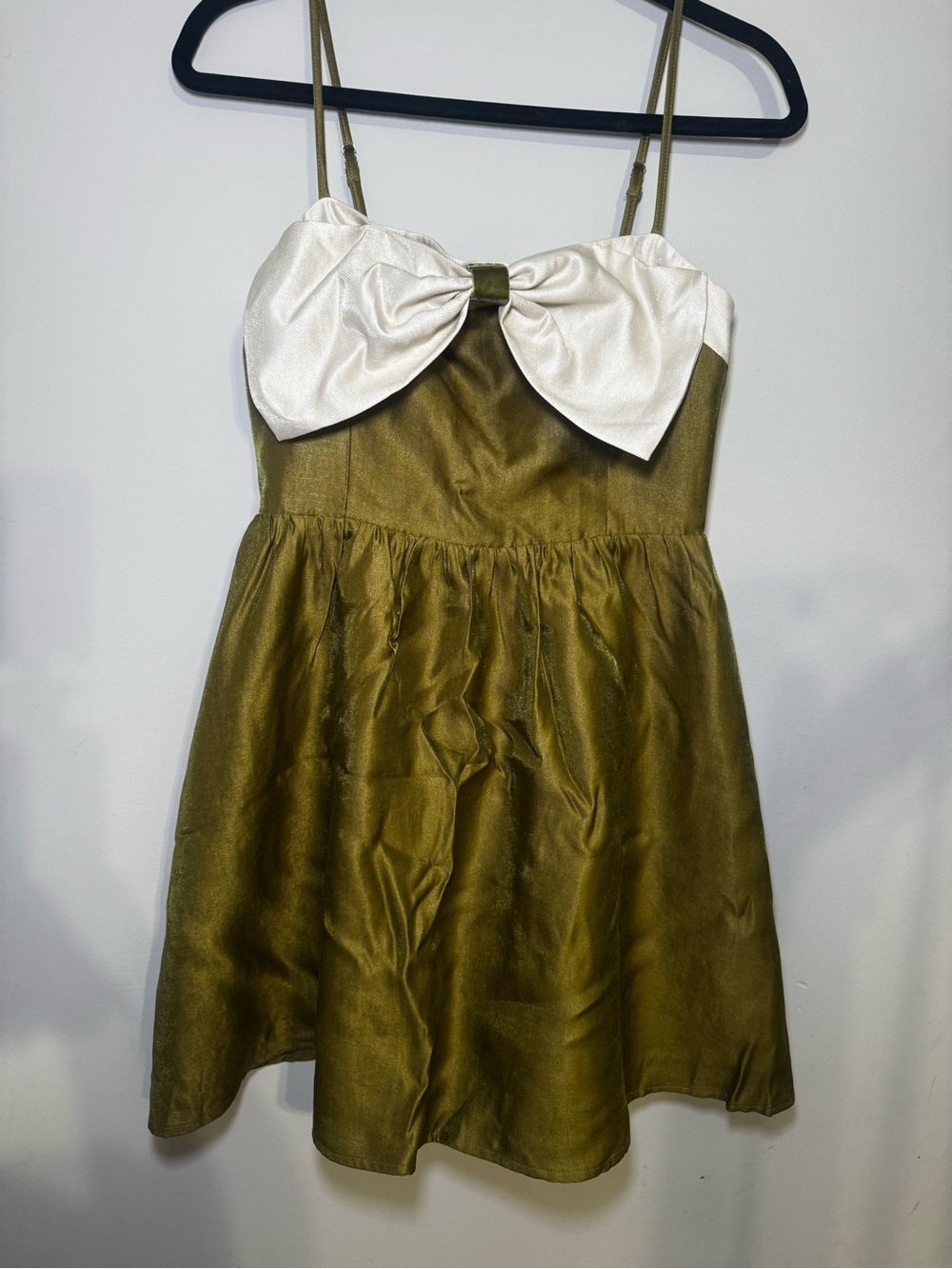 Olive Green Satin Dress with White Bow NWT